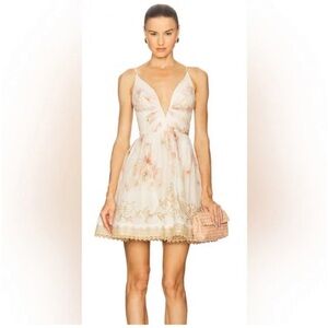 Final Zimmermann Hypnotic Plunge Neck Linen Silk Minidress Cream Peony AU3 US10